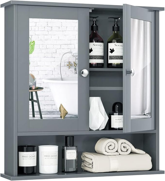 Tangkula Bathroom Medicine Cabinet with Mirror, Wall Mounted Wooden Hanging Organizer with Doors and Shelves, Bathroom Wall Mirror Cabinet (Mirror Doors, Gray)