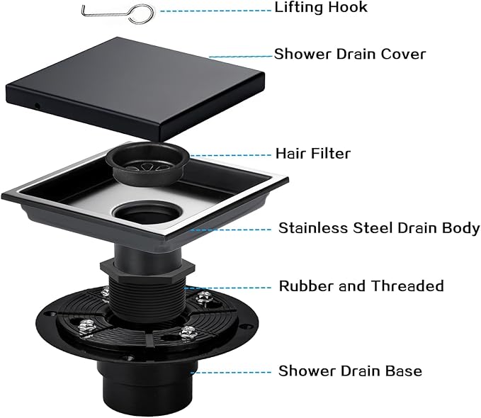 Square Shower Drain, Black Shower Drain 6 inch with Flange and 2 in 1 Tile-Insert Cover, AISI 304 Stainless Steel Matte Black Shower Floor Drain with Hair Catcher and Flange