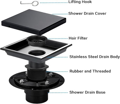 Square Shower Drain, Black Shower Drain 6 inch with Flange and 2 in 1 Tile-Insert Cover, AISI 304 Stainless Steel Matte Black Shower Floor Drain with Hair Catcher and Flange