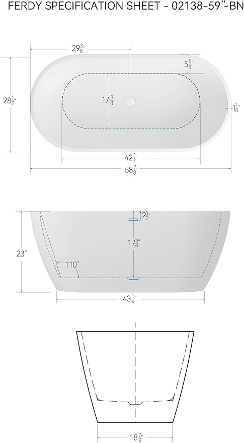 FerdY 59" Bali Elite Acrylic Freestanding Bathtub, Gracefully Shaped Freestanding Soaking Bathtub, cUPC Certified, Toe-Tap White Drain and Minimalist Linear Design Overflow Included