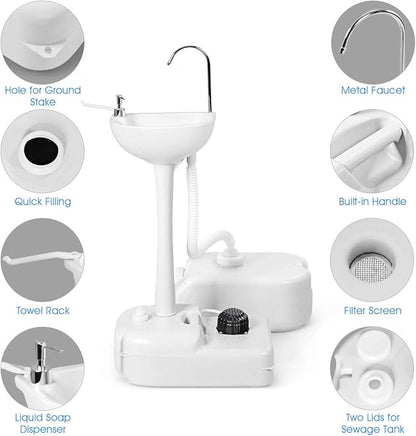 S AFSTAR Portable Hand Sink, Camping Sink with Wheels, 4.5 Gal Water Tank & Soap Dispenser, Rolling Hand Wash Basin Stand W/6.5 Gal Sewage Tank, Foot Pump Hand Wash Station for RV Outdoor Gatherings