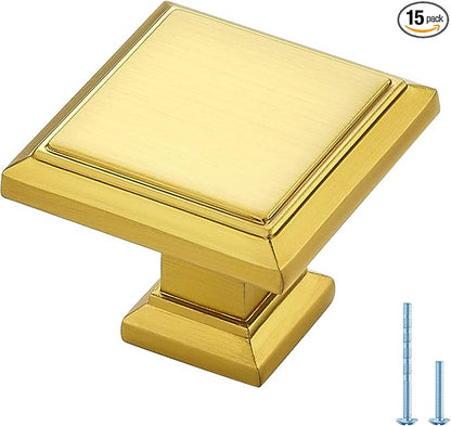 Ravinte Hardware 15 Pack Kitchen Cabinet Pulls Square Drawer Single Hole Handles Brushed Brass for Cupboard Gold Dresser Solid