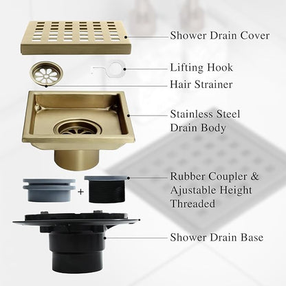 6 Inch Square Shower Floor Drain, Stainless Steel Flange with Removable Grid Cover Hair Strainer, Golden Brushed Nickel