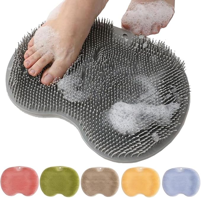 2026 New Silicone Shower Foot Scrubber Mat, Foot Back Cleaning Pad Back Washer Exfoliating Bath Wash Pad, Shower Foot Scrubber Mat with Non-Slip Suction Cups (Gray)