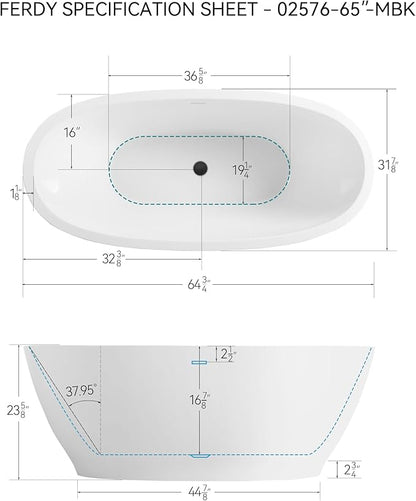 FerdY Koh Samui 65" Freestanding Bathtub, Elegant Oval Shape, Double Walled Insulation Bathtub with Center Matte Black Drain & Minimalist Linear Design Overflow