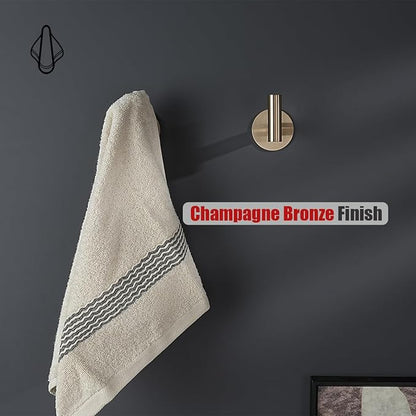 JQK Self Adhesive Towel Hook Champagne Bronze, No Drill Stick on Coat Robe Clothes Wall Hook for Bathroom 2 Pack, 304 Stainless Steel, ATH110-CB-P2
