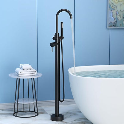 Freestanding Tub Filler Matte Black Floor Mount Bathtub Faucet Bathroom,Rough-in Valve 2 Function Handshower for Tub Rinsing Bathing,Anti-Wobble Base,Cylinder Handheld