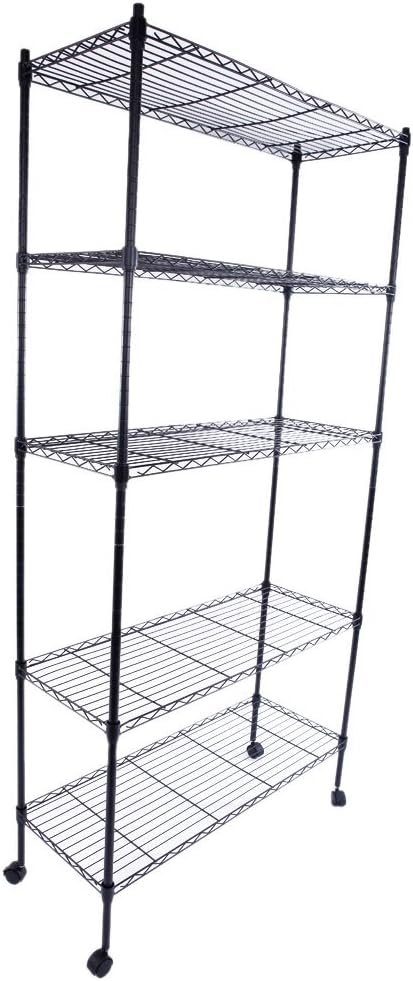 5 Tier Storage Racks Shelving, Heavy Steel Pantry Shelves, Adjustable Wire Shelving Rack with Wheels, Suitable for Garage, Kitchen, Bathroom, Office, 35" W x 14" D x 65" H, Black
