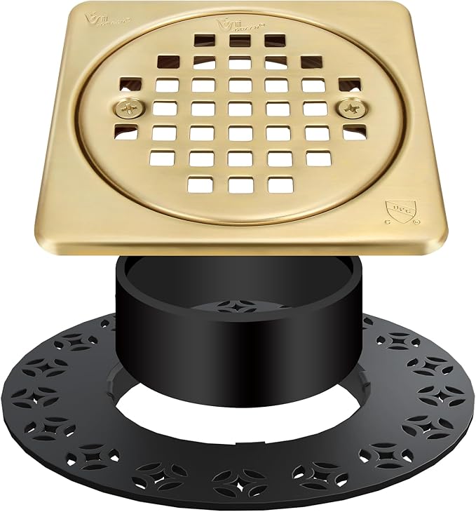 4” Shower Floor Drain Grate Kit Brushed Brass - Compatible with Schluter Kerdi-Drain Flange - with Adjustable Collar & Removable Square Cover, SUS304 Stainless Steel & CUPC Certification