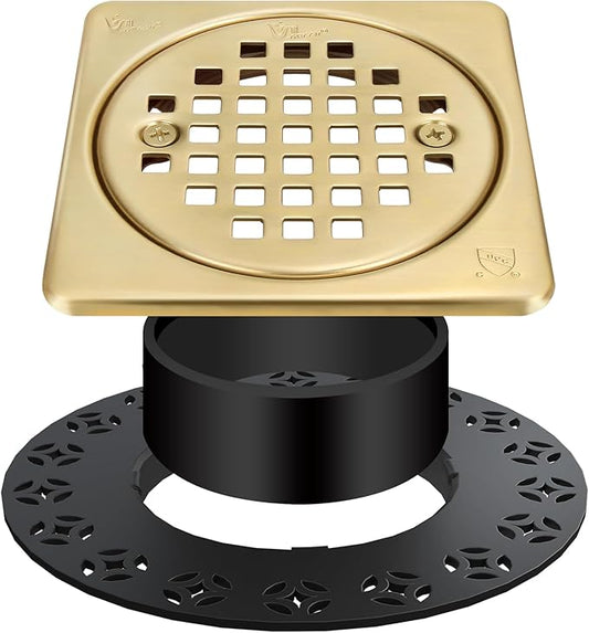 4” Shower Floor Drain Grate Kit Brushed Brass - Compatible with Schluter Kerdi-Drain Flange - with Adjustable Collar & Removable Square Cover, SUS304 Stainless Steel & CUPC Certification