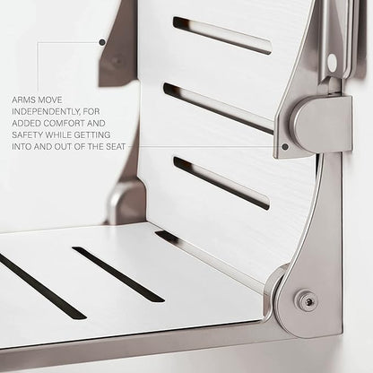 Seachrome Silhouette Comfort Folding Wall Mount Shower Bench Seat with Arms, White Seat with Matte Black Frame