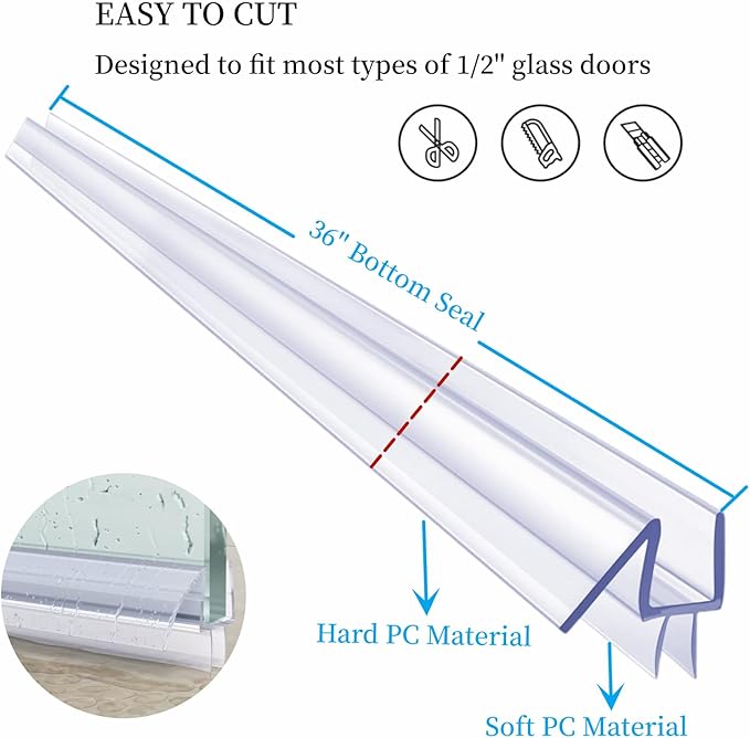 Shower Door Seal Strip Kit 3 Packs, 2 PCS 76" Shower Door Side Seals and 1 PC 36" Shower Door Sweep Bottom Seal for 1/2" (12mm) Thick Glass Shower Door Polycarbonate