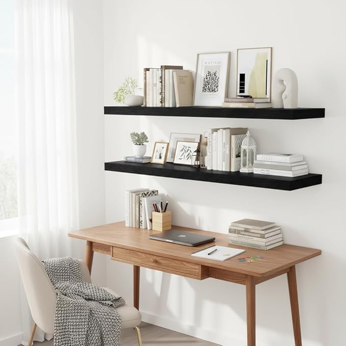 Vivelove 2 inch Thick Floating Shelves for Wall 55 Inches Long, 12" Deep Wall Shelves, for Bedroom, Bathroom, Living Room, Kitchen, Office, Modern Home Decor, 48" X 12" X 2", Set of 2, Black