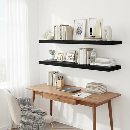 Vivelove 2 inch Thick Floating Shelves for Wall 55 Inches Long, 12" Deep Wall Shelves, for Bedroom, Bathroom, Living Room, Kitchen, Office, Modern Home Decor, 48" X 12" X 2", Set of 2, Black
