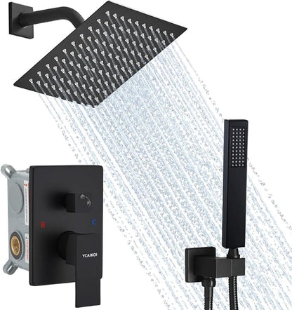 Matte Black Shower System, 8 Inch High Pressure Rain Shower with Handheld, Wall Mount Shower Faucet Set for Bathroom, Rough-in Valve Body and Trim Included