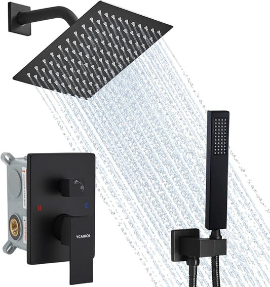Matte Black Shower System, 8 Inch High Pressure Rain Shower with Handheld, Wall Mount Shower Faucet Set for Bathroom, Rough-in Valve Body and Trim Included