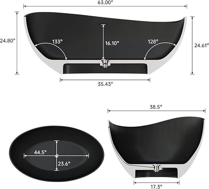 63" Premium Solid Surface Freestanding Bathtub, Contemporary Design Stand Alone Stone Resin Tub with Overflow and Pop-up Drain, Matte Black