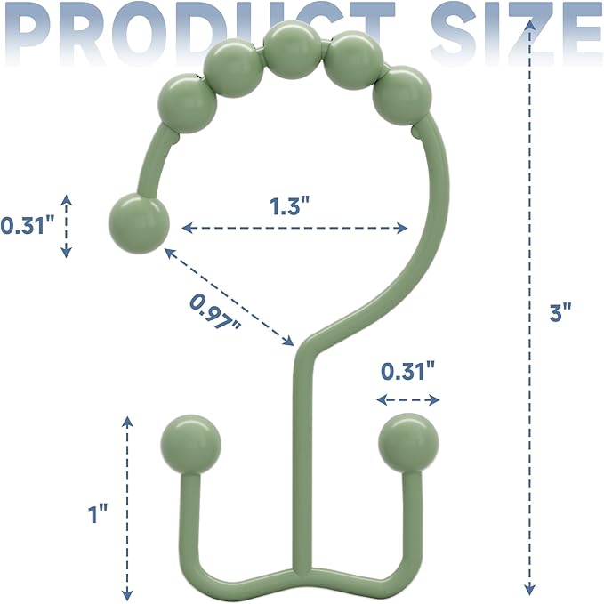Titanker Shower Curtain Hooks Rings, Rust-Resistant Metal Double Glide Shower Hooks for Bathroom Shower Rods Curtains, Set of 12 Hooks - Sage Green