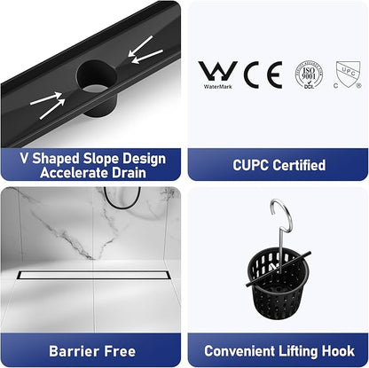 Linear Shower Drain 18", Matte Black Floor Drain with Tiled Insert Grate & Hair Strainer, 304 Stainless Steel Bathroom 2-in-1 Tiled in Drain, CUPC Certified (Matte Black, 18'')