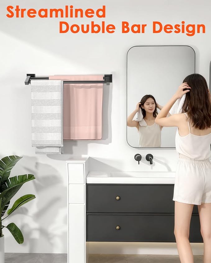 Alise Double Bath Towel Bars Towel Racks for Bathroom,Wall Mount Towel Holder Heavy Duty 16-Inch Towel Hanger Rail,SUS304 Stainless Steel Matte Black