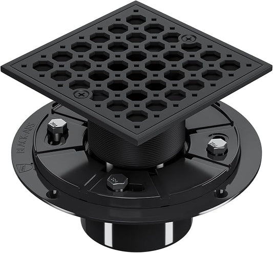 Uni-Green 4 Inch Shower Floor Drain with Flange, Square Shower Drain kit with Hair Strainer, Removable Octagon Strainer Cover, SUS 304 Stainless Steel & CUPC Certified - Matte Black