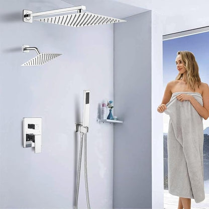 Shower Faucet Set Polished Chrome Shower System, Knob Switch Diverter Shower Faucet with High Pressure Handheld Spray, Wall Mount 10 Inch Shower Head with 6 Inch Wall Mount Shower Head