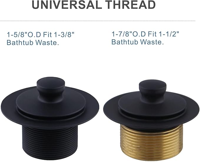 Black tub Drain Lift &Turn Tub Trim Set with Two-Hole Overflow Faceplate Conversion Kit Assembly, Hidrop Bathtub Drain Replacement Trim Kit and Universal Fine/Coarse Thread, Matte Black