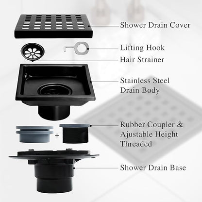 6 Inch Square Shower Floor Drain, Stainless Steel Flange with Removable Grid Cover Hair Strainer, Black