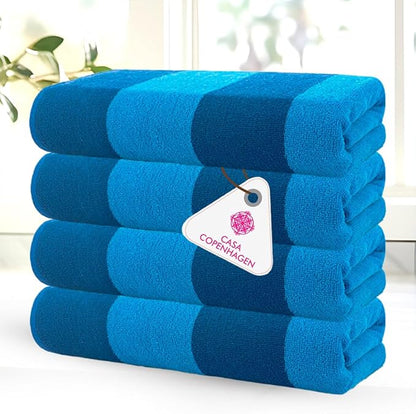 CASA COPENHAGEN Malibu Beach Towels Designed in Denmark Rough and Tough, Quick Dry, for Pool, Bath & Shower 30x60 inches 4 Pieces Cotton Beach Bath Towels Set - Blue