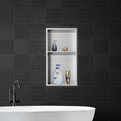 Neodrain No Tile Shower Niche, Brushed Stainless Steel Bathroom Shelf 24" X 12", Two-Tier Stainless Cubby, Bathroom Niche Cubby for Storage, No Tile Needed Recessed
