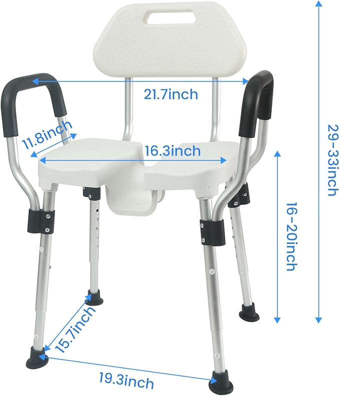 U-Shaped Shower Chair for Inside Shower, Heavy Duty Triple-Bar Base Reinforcement, with Arm and Back for Elderly and Disabled, Adjustable Height, Effortless Personal Hygiene Access