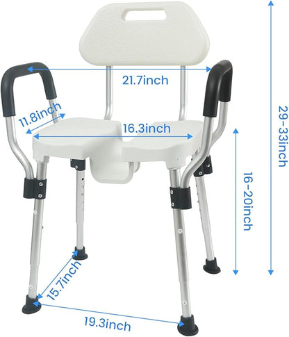 U-Shaped Shower Chair for Inside Shower, Heavy Duty Triple-Bar Base Reinforcement, with Arm and Back for Elderly and Disabled, Adjustable Height, Effortless Personal Hygiene Access