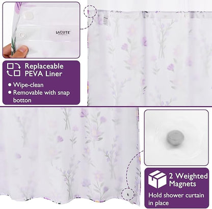 Lagute SnapHook Floral Shower Curtain with Snap-in Liner for Bathroom| No Hook Needed| Mesh Top Window| Machine Washable| Hotel Grade| 71Wx74L，Purple Bouquet