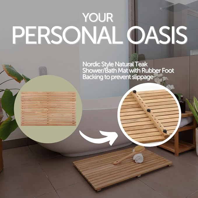 Nordic Style Premium Teak Shower + Bath Mat for Indoor + Outdoor Use | Non-Slip Wooden Platform for Spa, Sauna, Shower, Pool, Bath, Hot Tub | Flooring Decor and Protector