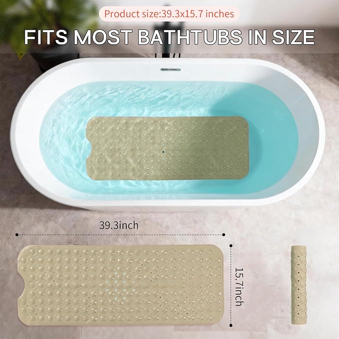 Anti-Slip Bathtub Shower mat, 39.3×15.7 inch（Approximately 100 × 40cm） Soft Oversized Machine Washable Non-Slip Bathtub mat with Drainage Holes, Bathroom Floor Suction Cup.（1-Opaque Khaki）