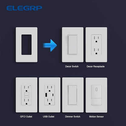 ELEGRP Matte White 1-Gang Screwless Decorative Wall Plates, Standard Size Unbreakable Thermoplastic Faceplate Cover for Decorator Receptacle Outlet Switch, UL Listed (10 Pack)