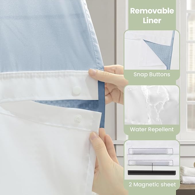 Inhousolu Long No Hook Shower Curtain with Snap in Fabric Liner Set Waffle Weave 230GSM Weighted Hem, Waterproof & Washable Bathroom Curtain Spa Luxury with Mesh Top Window 72" W x 78" L Fog Blue