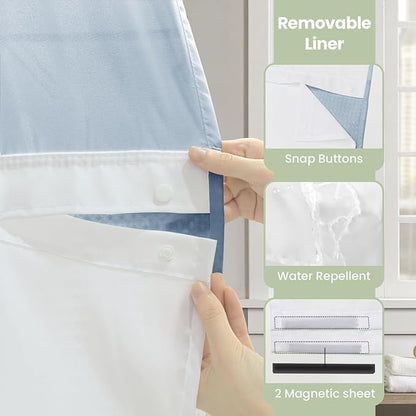 Inhousolu Long No Hook Shower Curtain with Snap in Fabric Liner Set Waffle Weave 230GSM Weighted Hem, Waterproof & Washable Bathroom Curtain Spa Luxury with Mesh Top Window 72" W x 78" L Fog Blue