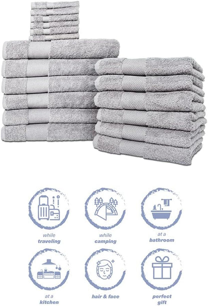 Hencely 18-Piece Bath Towel Set - High Absorbency, Quick Drying - 100% Soft Turkish Cotton - 6 Bath Towels, 6 Hand Towels, 6 Washcloths - Bathroom, Home, Hotel, Spa, and Gym - 18-Pack Silver