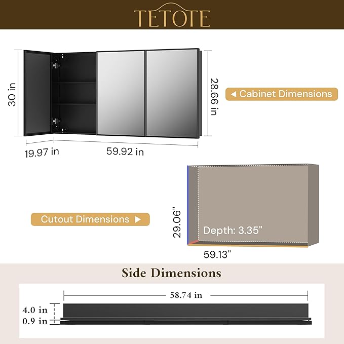 TETOTE 60" x 30" Black Recessed Medicine Cabinets Mirror Bathroom Storage Cabinet Mirror with Adjustable Shelves for Farmhouse Vanity