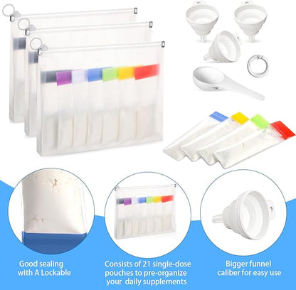 67pcs Protein Powder Travel Container Set 42 Single Dose Bags 6 Large Reusable Supplement Containers Portable Zip Pouches with Funnels Spoons Labels for Travel Gym Bath Salts Storage(Multicolor)