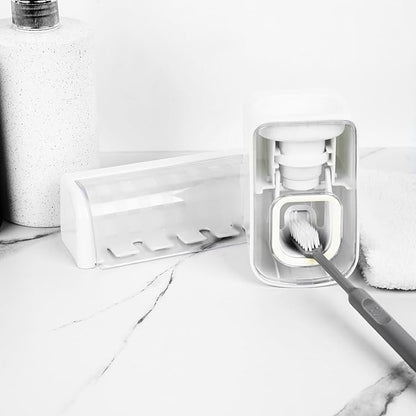 5 Slots Wall Mount Toothbrush Holder with Cover, Self Adhesive Toothbrush Storage Organizer for Shower, Toothbrush Hanger with Automatic Toothpaste Squeezer Dispenser
