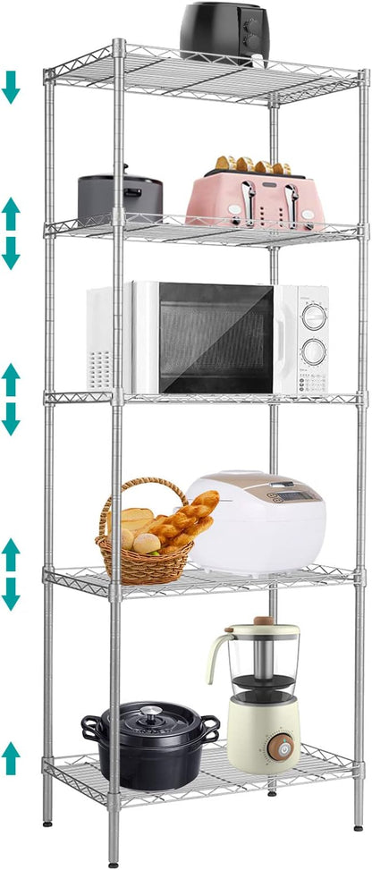BNSPLY 5 Tier Wire Shelving Unit, Adjustable Wire Rack Shelving, Changeable Metal Wire Storage Shelves for Kitchen, Laundry, Bathroom, Balcony, Pantry (11.4" D x 21.3" W x 59" H, Silver)