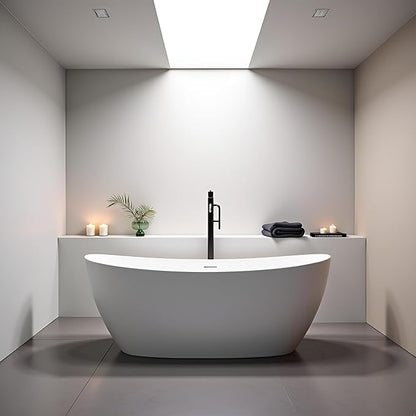 55'' High-back Freestanding Solid Surface Resin Stone Bathtub, Freestanding Tub, Contemporary Design Stand Alone Tub with Pop-up Drain and Overflow, Matte White (Oval)