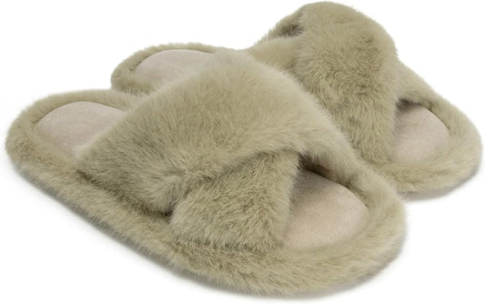 Chantomoo Womens Slippers Memory Foam Fuzzy Cross Band Faux Fur Slippers for Women Gift