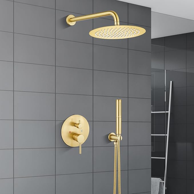 Airuida Shower Fixtures 2 Functions Shower Faucet Set Wall Mounted for Bathroom High Pressure Brass Handheld Shower with Rough-in Valve Round Rainfall 10 Inch Shower Head Brushed Gold