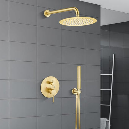 Airuida Shower Fixtures 2 Functions Shower Faucet Set Wall Mounted for Bathroom High Pressure Brass Handheld Shower with Rough-in Valve Round Rainfall 10 Inch Shower Head Brushed Gold