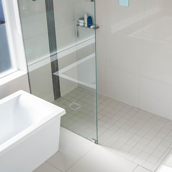 4 Inch Square Shower Floor Drain with Flange,Quadrato Pattern Grate Removable,Food-Grade SUS 304 Stainless Steel,Brushed Nickel