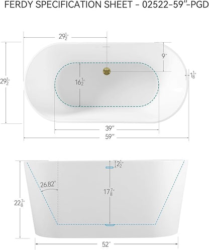 FerdY Shangri-La 59" Acrylic Freestanding Bathtub, Gracefully Shaped Soaking Bathtub, Glossy White, cUPC Certified, Polished Gold Drain & Minimalist Linear Design Overflow Included, 02522