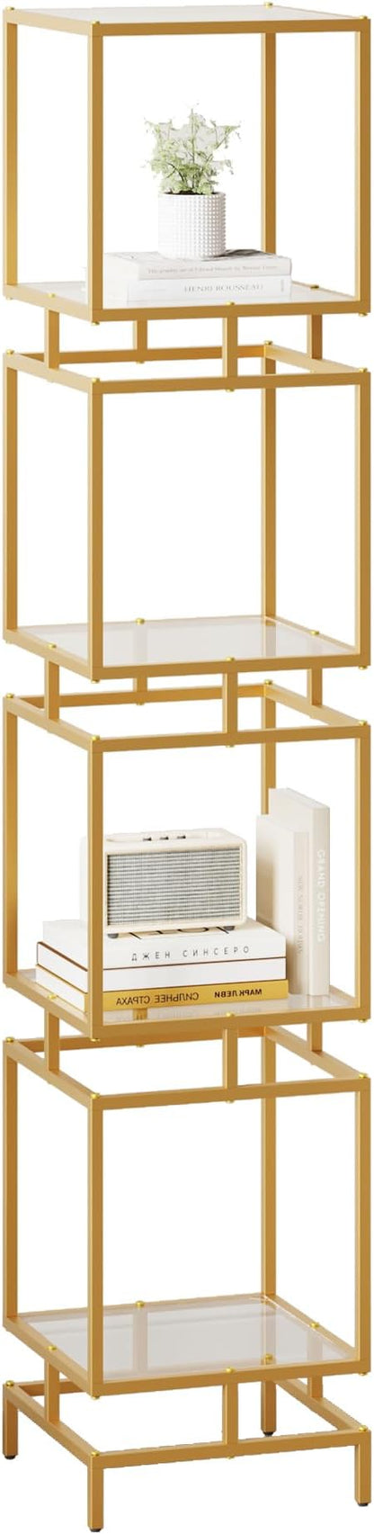 4 Cube Glass Shelf, 4-Tier Bookshelf, Display Shelf Rack, Metal Storage Rack with Tempered Glass, Modern Style for Living Room, Bathroom, Kitchen, Golden